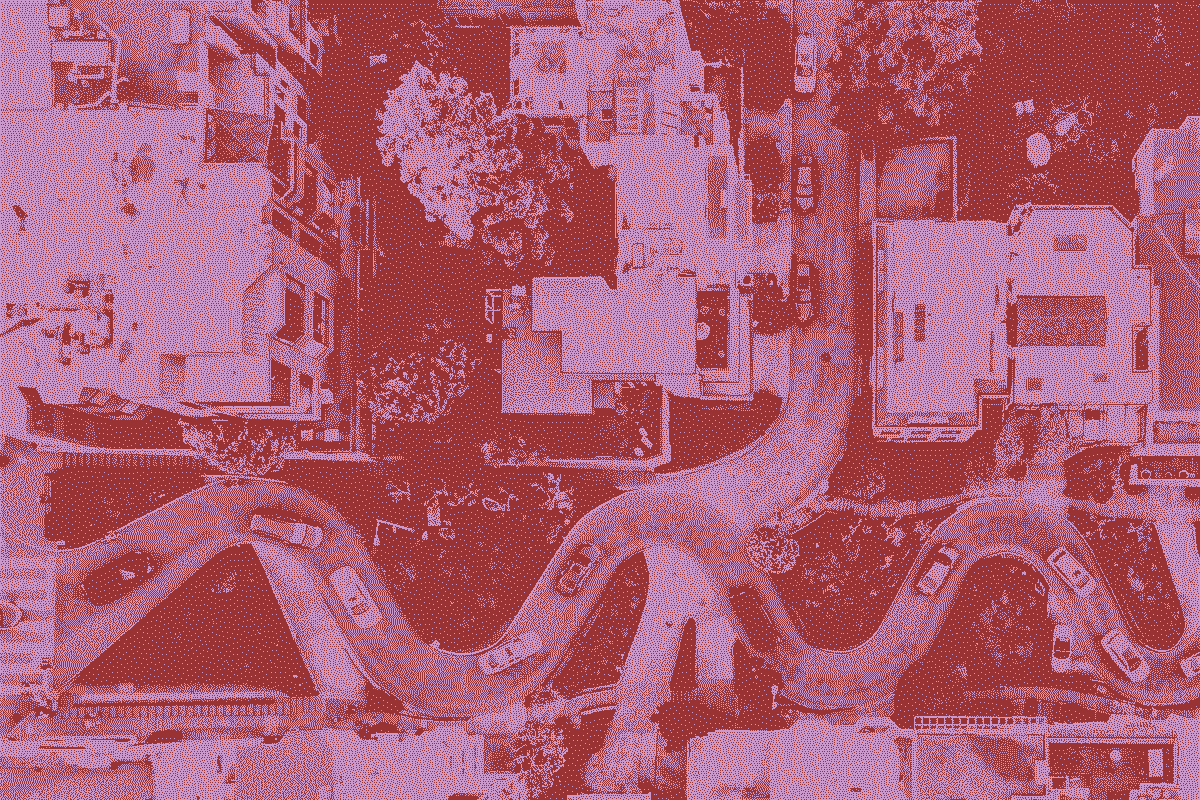 A pink and purple image of lombardy street, overhead view